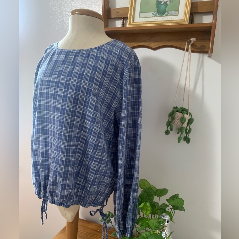 ANA A New Approach NWT Blue Plaid Long Sleeve Boho Peasant Blouse Size M - Picture 6 of 14